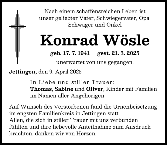Traueranzeige von Konrad Wösle von Günzburger Zeitung