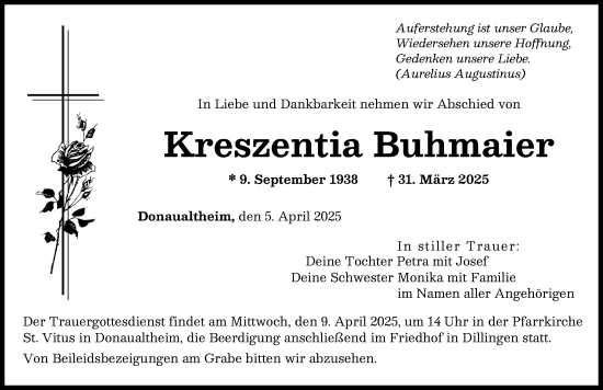 Traueranzeige von Kreszentia Buhmaier von Donau Zeitung