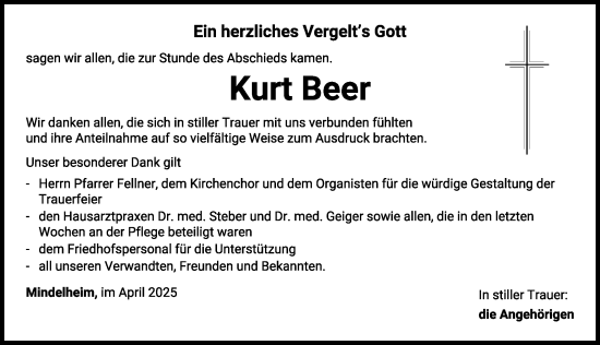 Traueranzeige von Kurt Beer von Mindelheimer Zeitung