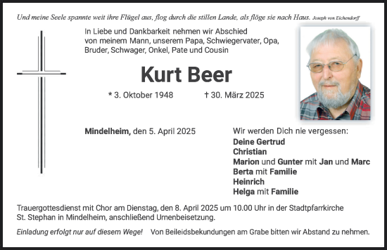 Traueranzeige von Kurt Beer von Mindelheimer Zeitung