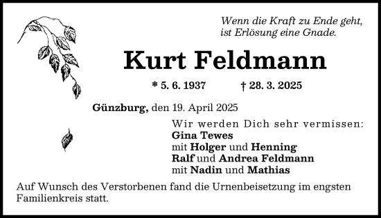 Traueranzeige von Kurt Feldmann von Günzburger Zeitung