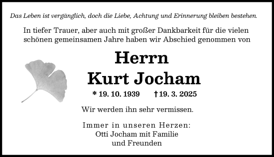 Traueranzeige von Kurt Jocham von Augsburger Allgemeine