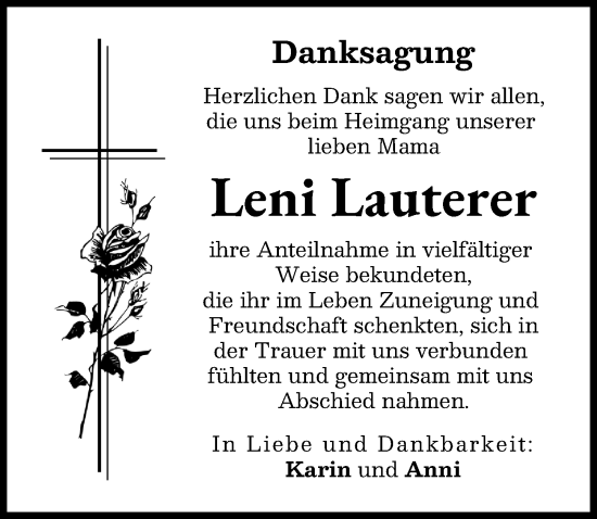 Traueranzeige von Leni Lauterer von Schwabmünchner Allgemeine