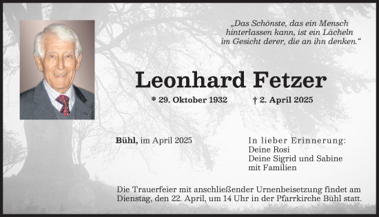 Traueranzeige von Leonhard Fetzer von Günzburger Zeitung