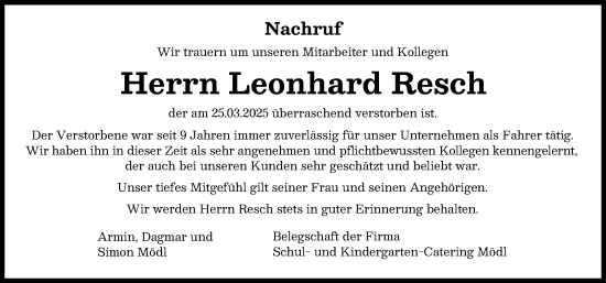 Traueranzeige von Leonhard Resch von Landsberger Tagblatt