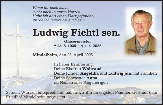 Traueranzeige von Ludwig Fichtl von Mindelheimer Zeitung