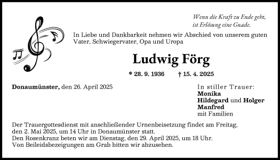 Traueranzeige von Ludwig Förg von Donauwörther Zeitung