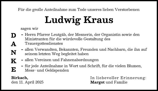 Traueranzeige von Ludwig Kraus von Schwabmünchner Allgemeine