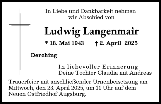 Traueranzeige von Ludwig Langenmair von Augsburger Allgemeine