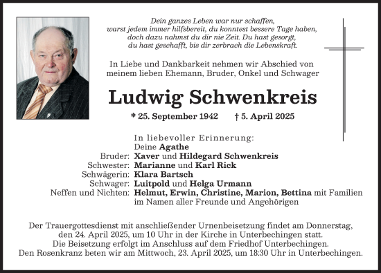 Traueranzeige von Ludwig Schwenkreis von Donau Zeitung