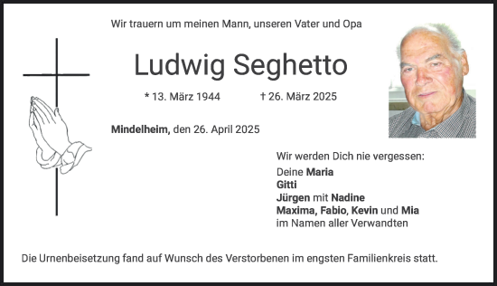 Traueranzeige von Ludwig Seghetto von Mindelheimer Zeitung
