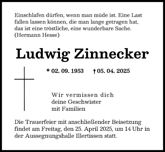 Traueranzeige von Ludwig Zinnecker von Illertisser Zeitung