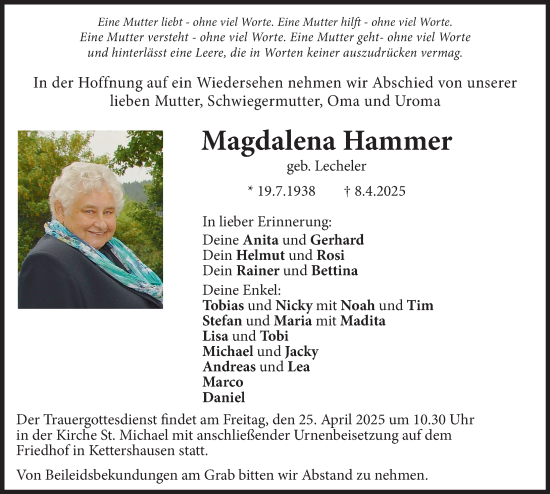 Traueranzeige von Magdalena Hammer von Illertisser Zeitung