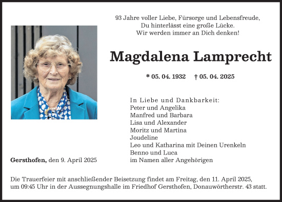 Traueranzeige von Magdalena Lamprecht von Augsburger Allgemeine
