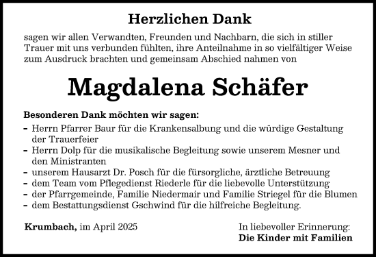 Traueranzeige von Magdalena Schäfer von Mittelschwäbische Nachrichten