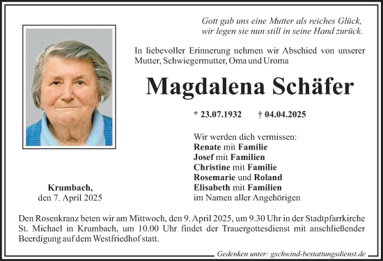 Traueranzeige von Magdalena Schäfer von Mittelschwäbische Nachrichten