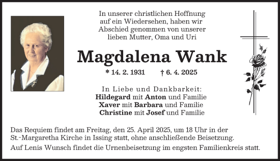 Traueranzeige von Magdalena Wank von Landsberger Tagblatt