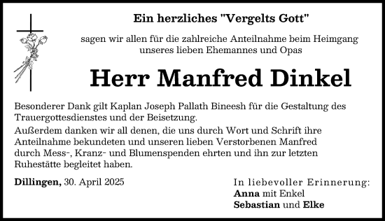 Traueranzeige von Manfred Dinkel von Donau Zeitung