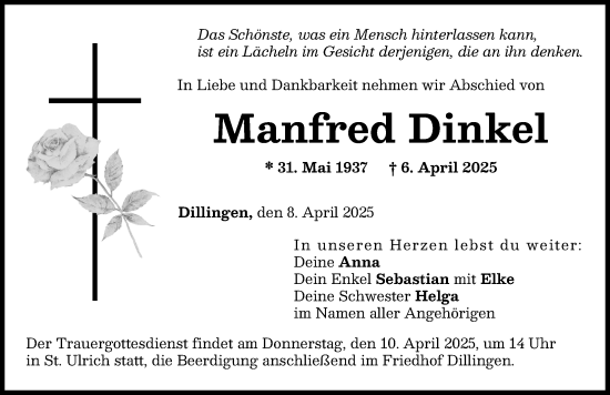 Traueranzeige von Manfred Dinkel von Donau Zeitung