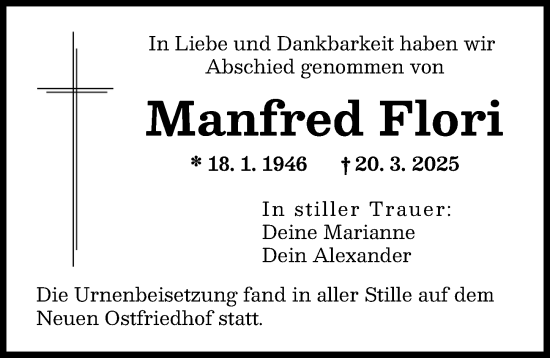 Traueranzeige von Manfred Flori von Augsburger Allgemeine