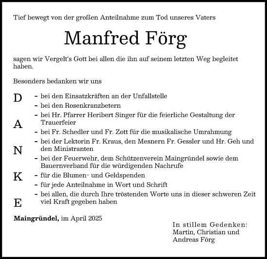 Traueranzeige von Manfred Förg von Wertinger Zeitung, Augsburger Allgemeine