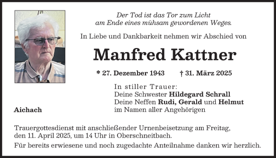 Traueranzeige von Manfred Kattner von Aichacher Nachrichten