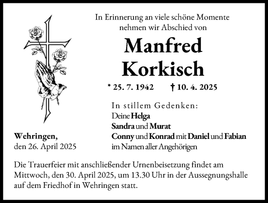 Traueranzeige von Manfred Korkisch von Schwabmünchner Allgemeine