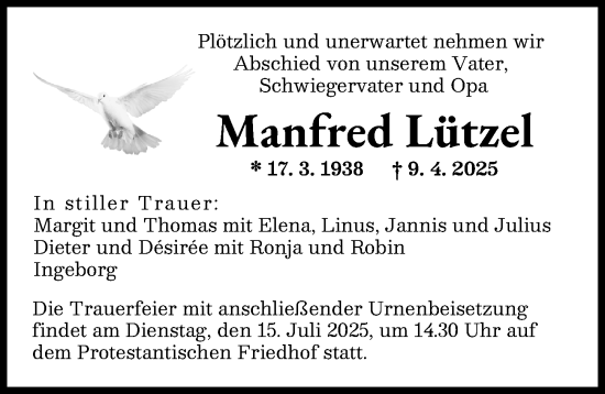 Traueranzeige von Manfred Lützel von Augsburger Allgemeine