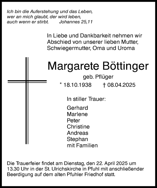 Traueranzeige von Margarete Böttinger von Augsburger Allgemeine, Neu-Ulmer Zeitung