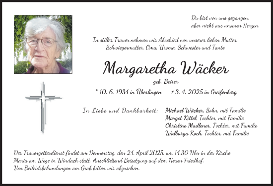Traueranzeige von Margaretha Wäcker von Landsberger Tagblatt