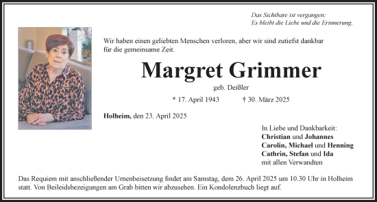 Traueranzeige von Margret Grimmer von Rieser Nachrichten