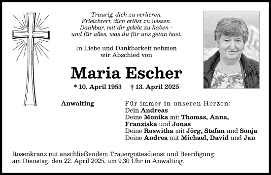 Traueranzeige von Maria Escher von Aichacher Nachrichten