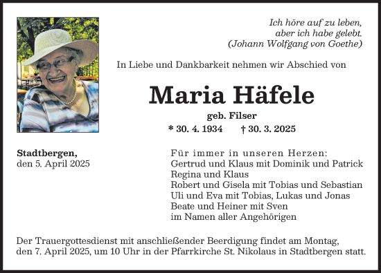 Traueranzeige von Maria Häfele von Augsburger Allgemeine