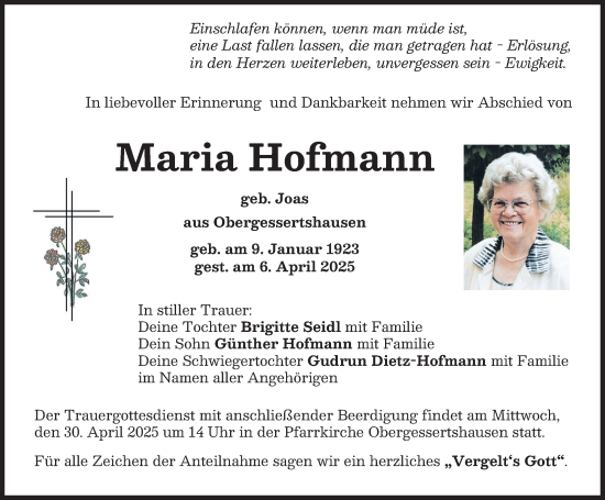 Traueranzeige von Maria Hofmann von Mittelschwäbische Nachrichten