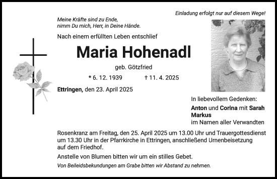 Traueranzeige von Maria Hohenadl von Mindelheimer Zeitung