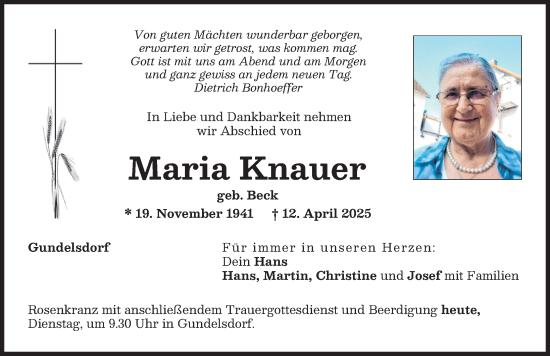 Traueranzeige von Maria Knauer von Aichacher Nachrichten