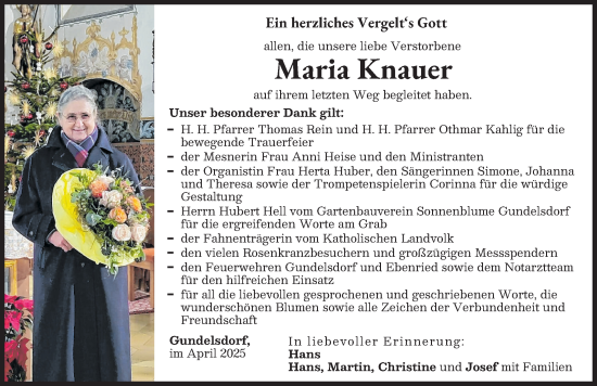 Traueranzeige von Maria Knauer von Aichacher Nachrichten