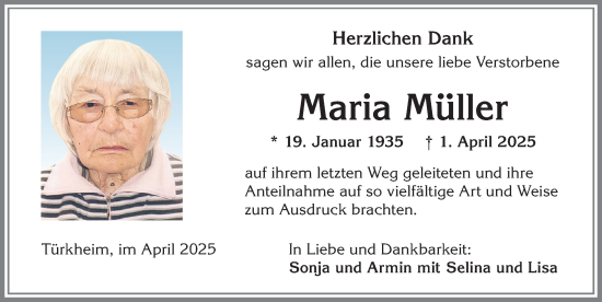 Traueranzeige von Maria Müller von Mindelheimer Zeitung