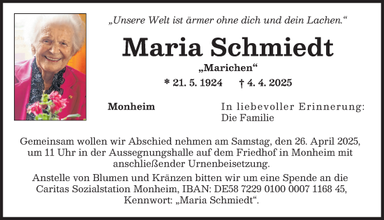 Traueranzeige von Maria Schmiedt von Donauwörther Zeitung