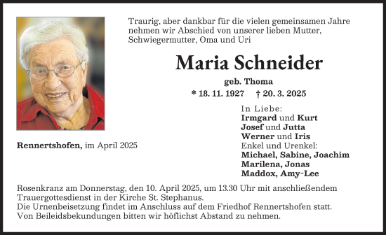 Traueranzeige von Maria Schneider von Illertisser Zeitung
