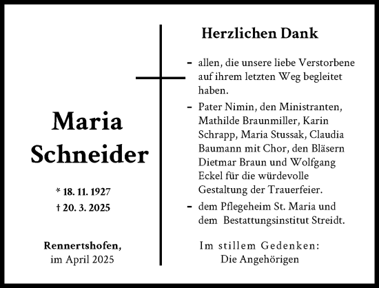Traueranzeige von Maria Schneider von Illertisser Zeitung