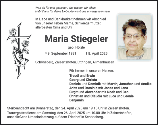 Traueranzeige von Maria Stiegeler von Mindelheimer Zeitung