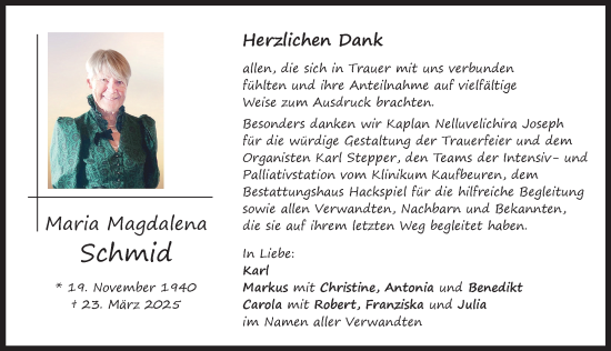 Traueranzeige von Maria Magdalena Schmid von Mindelheimer Zeitung