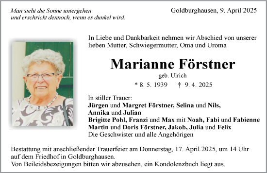 Traueranzeige von Marianne Förstner von Rieser Nachrichten