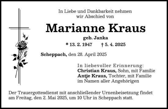 Traueranzeige von Marianne Kraus von Günzburger Zeitung