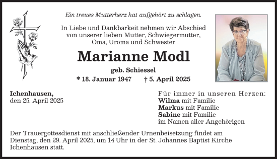 Traueranzeige von Marianne Modl von Günzburger Zeitung