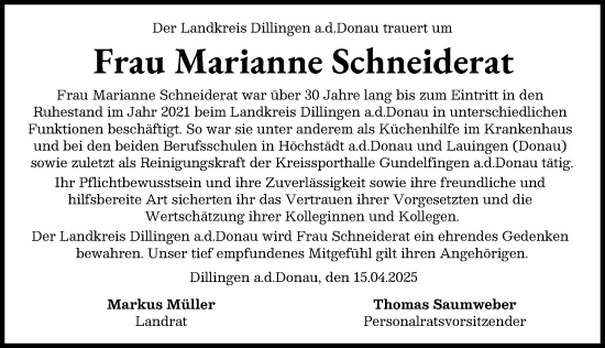 Traueranzeige von Marianne Schneiderat von Donau Zeitung