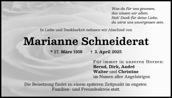 Traueranzeige von Marianne Schneiderat von Donau Zeitung