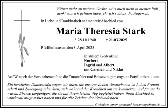 Traueranzeige von Maria Theresia Stark von Mindelheimer Zeitung