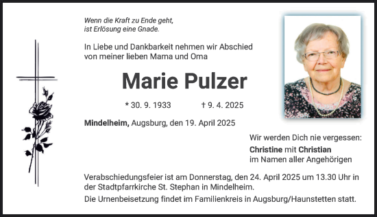 Traueranzeige von Marie Pulzer von Augsburger Allgemeine, Mindelheimer Zeitung